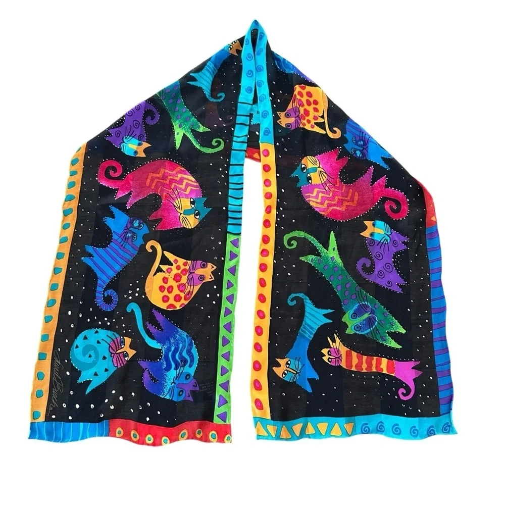 Laurel Burch‎ For The Honey Collection 100% Silk Cat Print Scarf Black Colorful